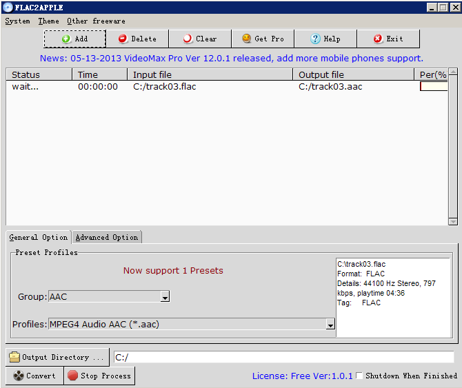 converts FLAC files to AAC for APPLE